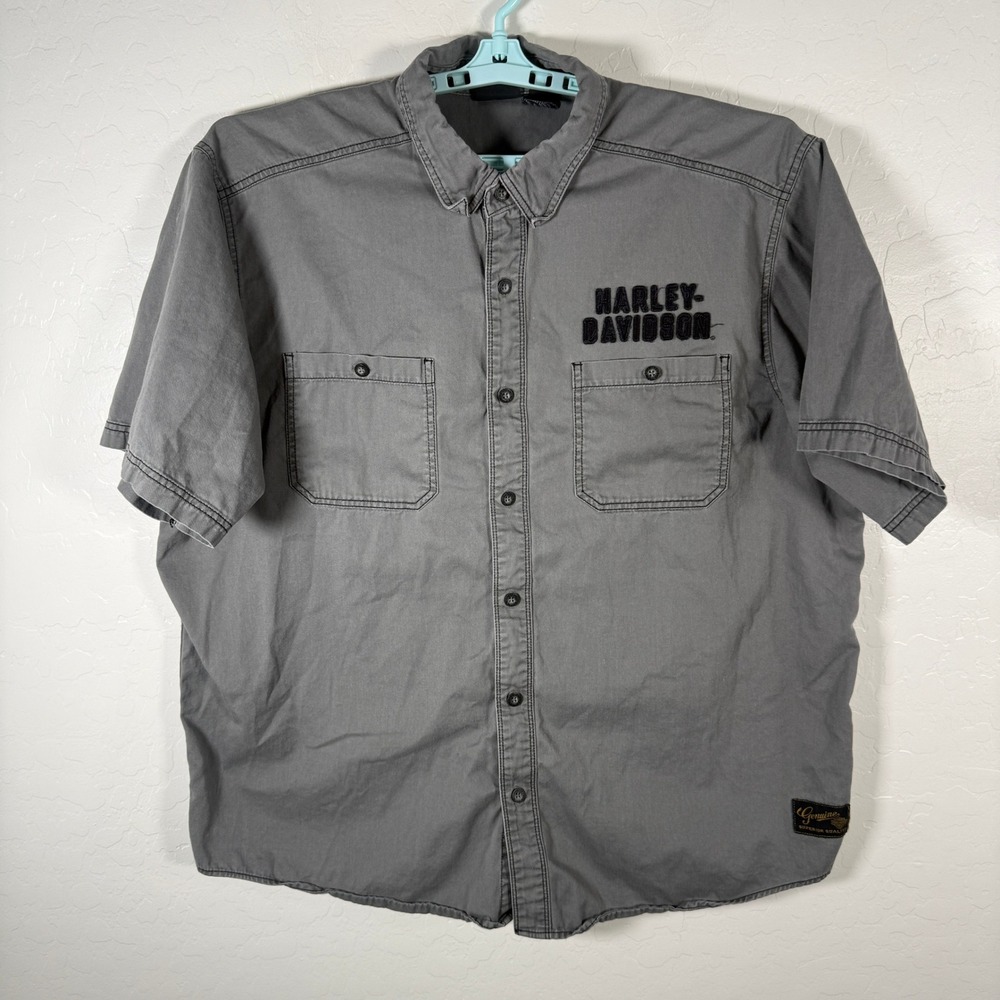 Harley-Davidson Shirt Mens 2XL Gray Eagle Graphic Short Sleeve Biker Moto Button - Picture 3 of 9